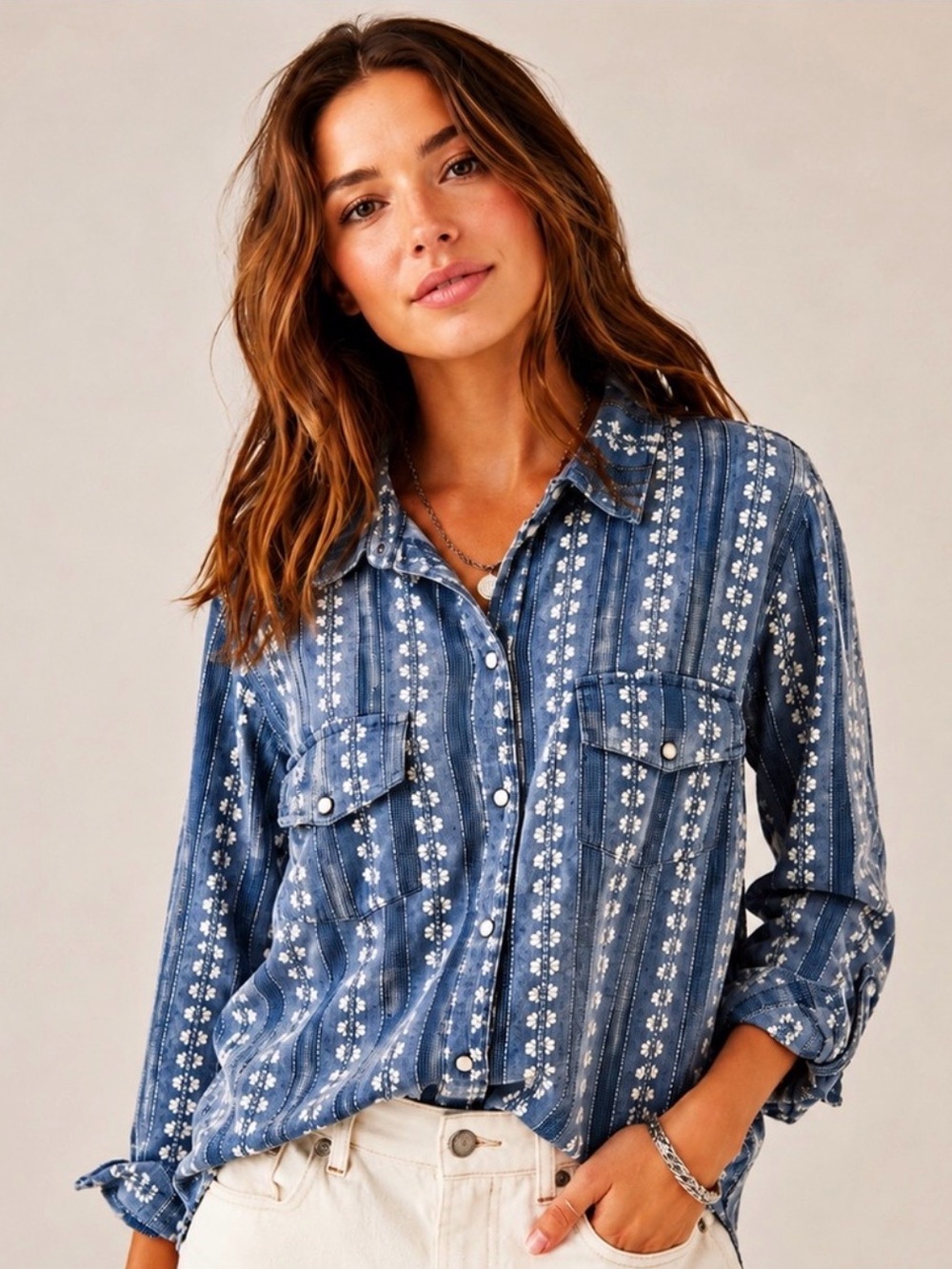 KUT from the Kloth Shirt Pearl Snaps Front Pockets Roll Sleeve Woven Cotton XL